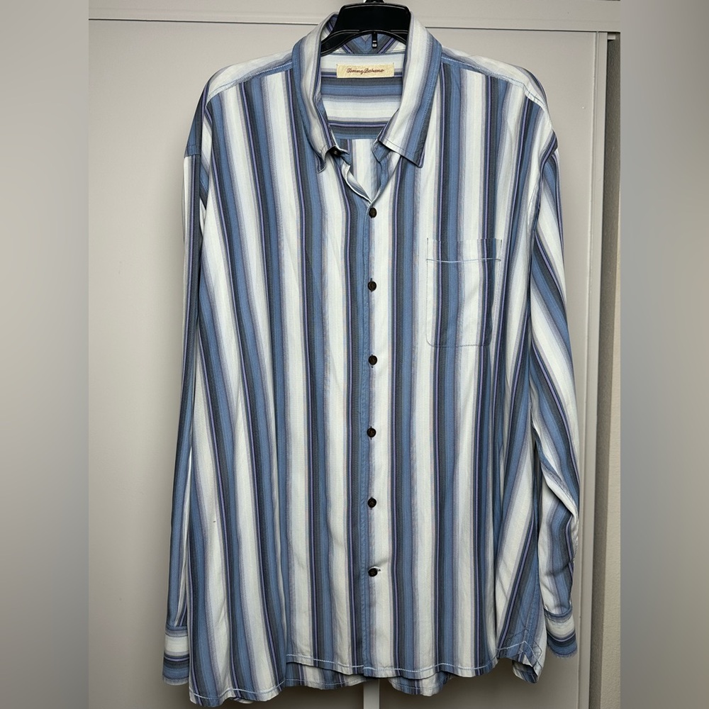 Men’s Tommy Bahama Blue and White Striped Button Down Shirt Size XXL
